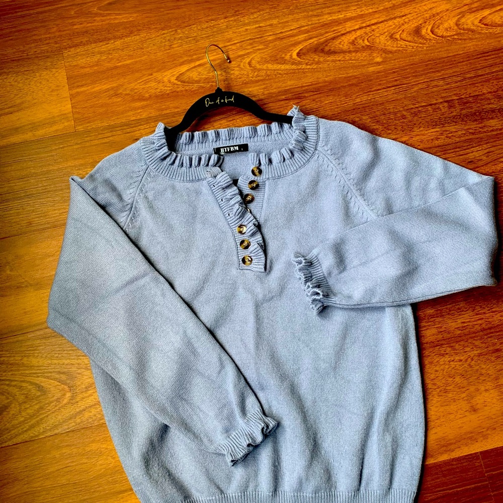 BTFBM Cotton light blue Sweater ruffle cuffs and neckline